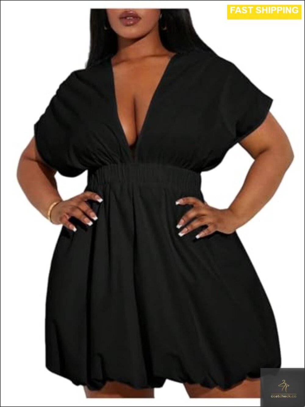 Plus Size Deep V Neck Bubble Mini Dress Ruffle Hem Short Sleeve